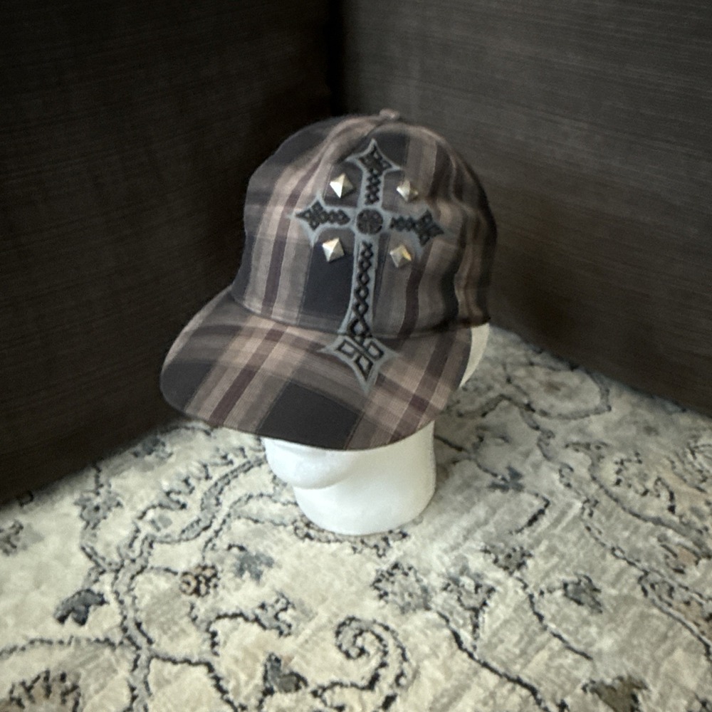 Cross Embroidery Bling SnapBack Plaid Hat Adjustable Y2K Christian Wear Grunge